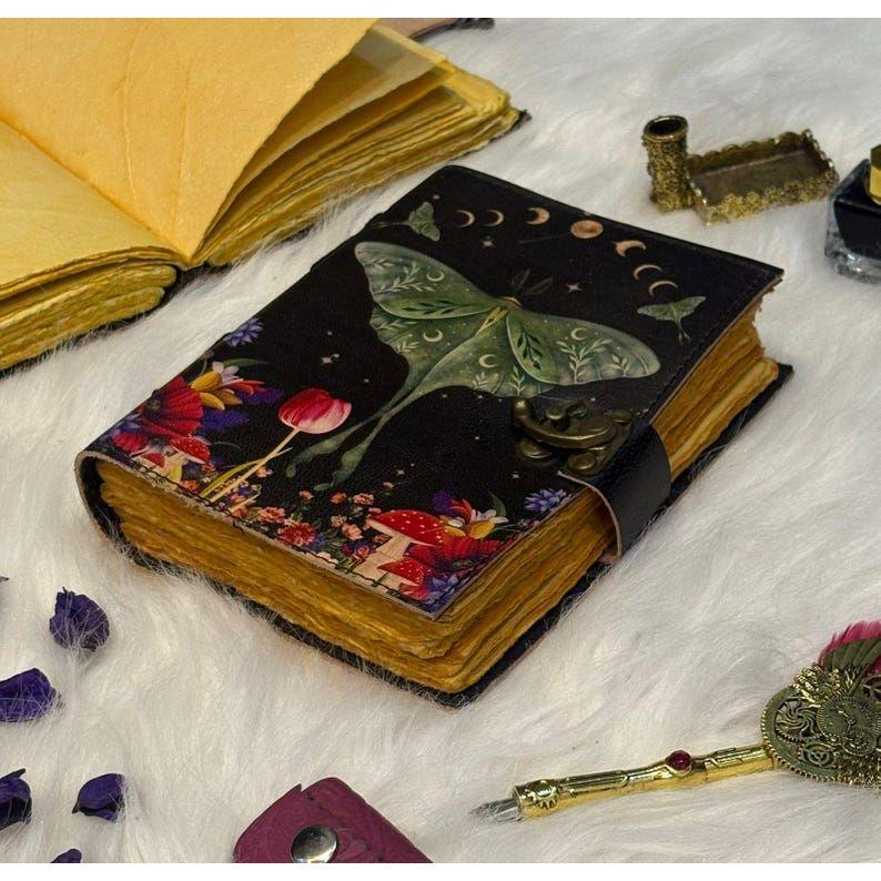 Luna Moon Moth Leather Journal – Handmade Vintage Diary with Botanical & Mushroom Art, Antique Lock, Yellow Deckle Pages