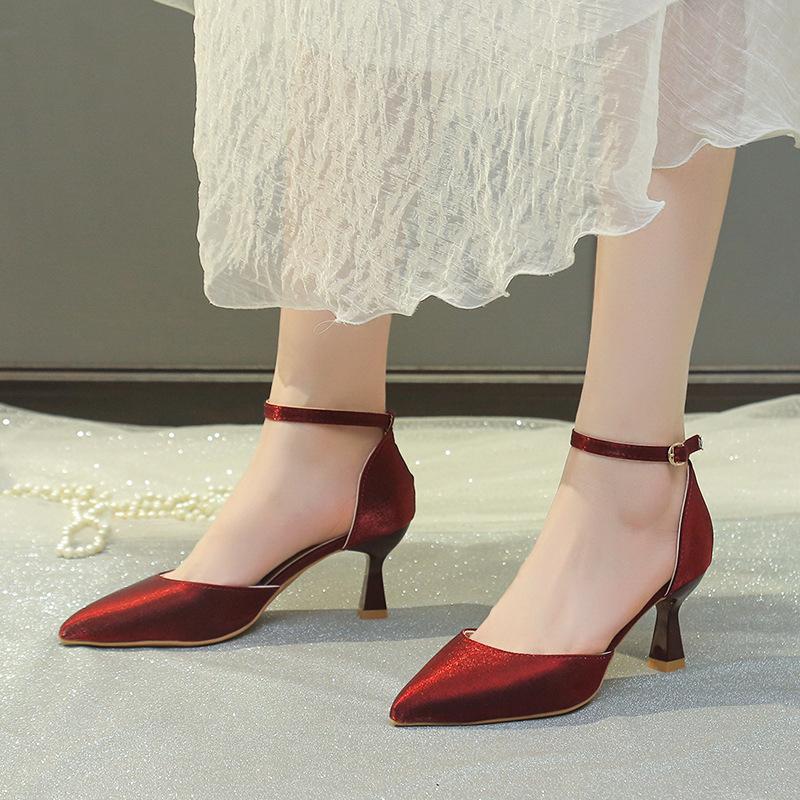 

French satin wedding shoes thin heel 2025 summer new pointed hollow high heels beautiful simple and versatile bridesmaid shoes 34