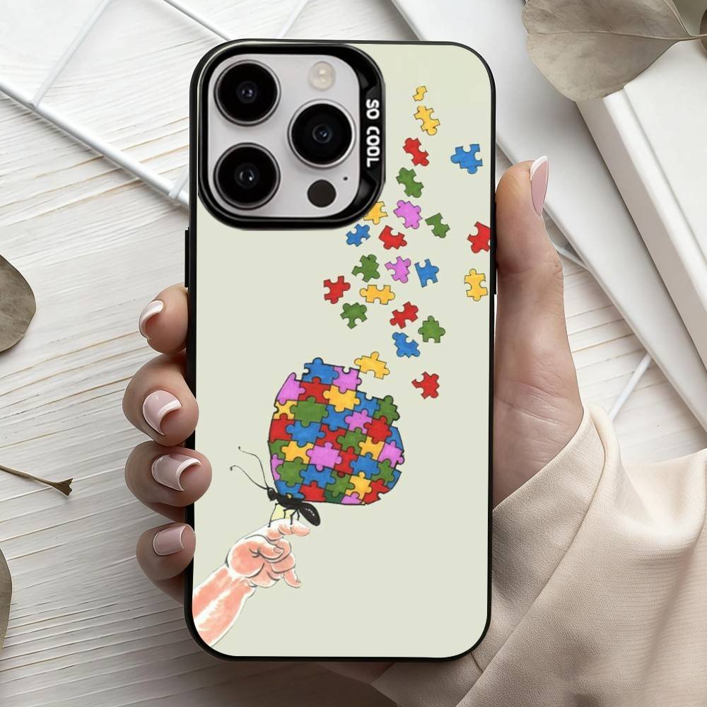 Puzzle Art Support Autism Phone Case For iPhone17,16,15,14,13,12,11 Plus,Pro Max Candy Silver Plated Inside Cover