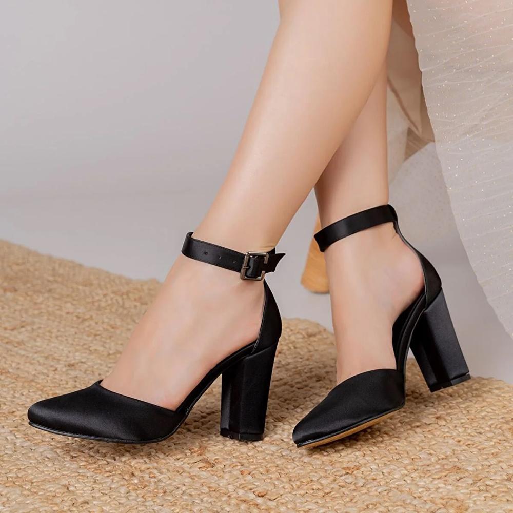 Big Size 34-43 Satin Thick Heel Shoes for Women Close Toe Ankle Strap Block  Heel Sandals Big Size RA-062