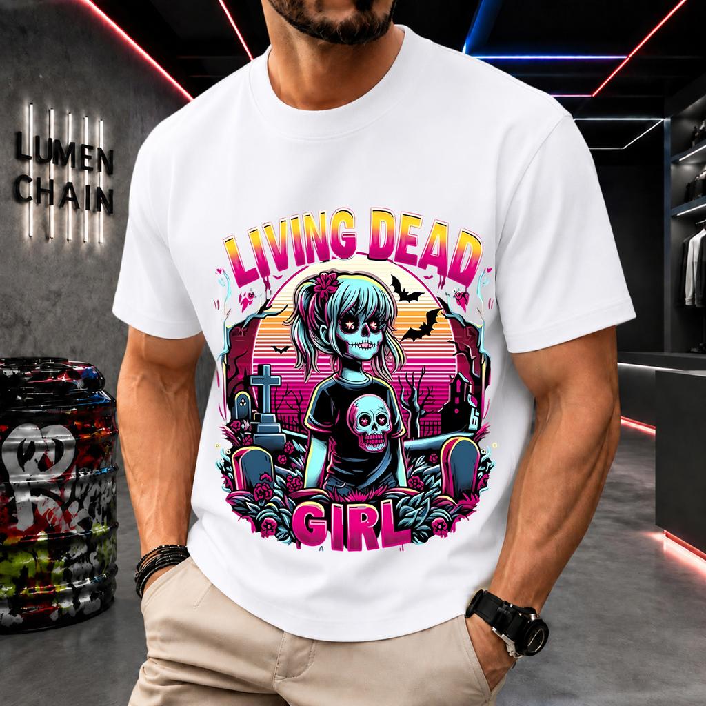 2026 New Pure Cotton Tshirt Living Dead Girl Zombie Neon Print Crew Neck Short Sleeve Street Casual Top