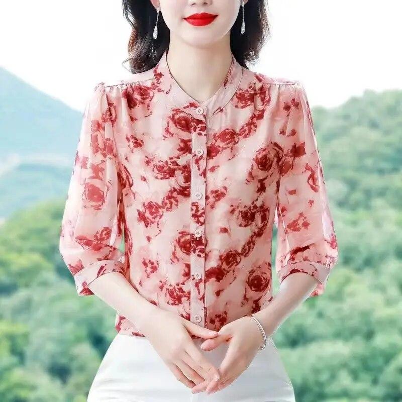 Modisches Chiffon-Hemd mit drei Viertelärmeln für Damen, Sommer, neue, locker sitzende Bluse mit Blumenmuster, M-4XL