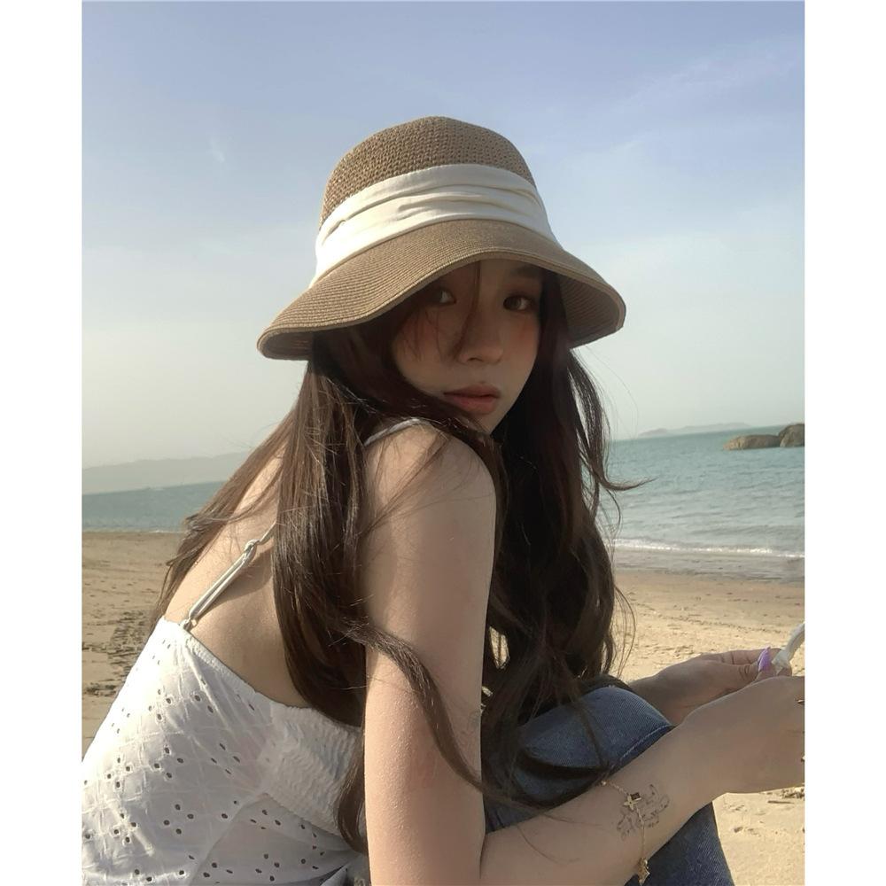 Vintage eaves straw bucket hat women's summer vacation wind seaside beach visor pleated sunscreen straw hat