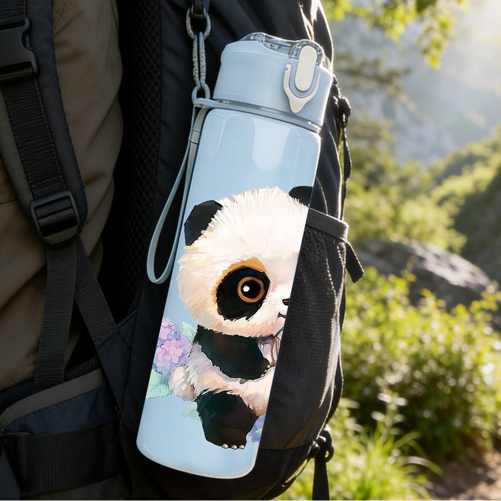 1PC Soft Watercolor Sitting Panda Pattern 750ml Color Plastic Sports Water Bottle Leakproof Flip Straw Lid Suitable for Sports Office Home Use