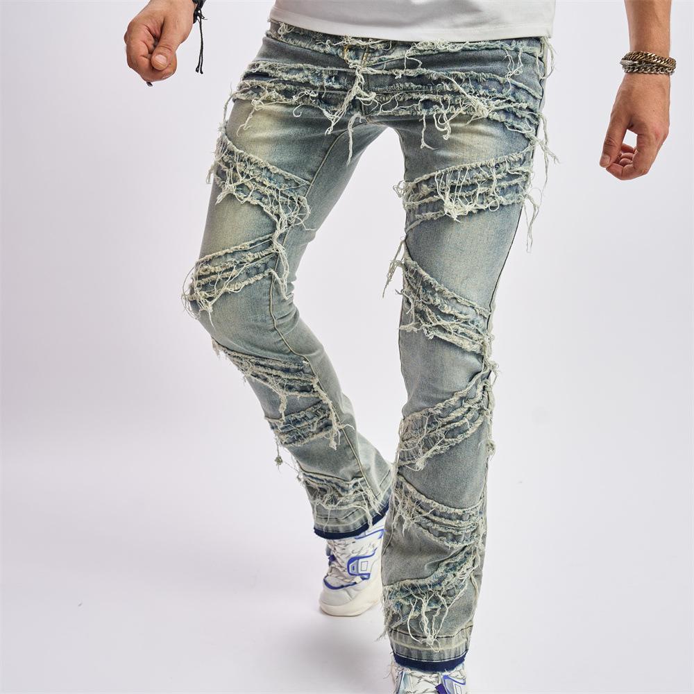 New Ripped Men'S Jeans With Cat Whiskers Sewn Fabric, Fashionable Elastic Loose Wide Leg Pants, Casual Men'S Pants