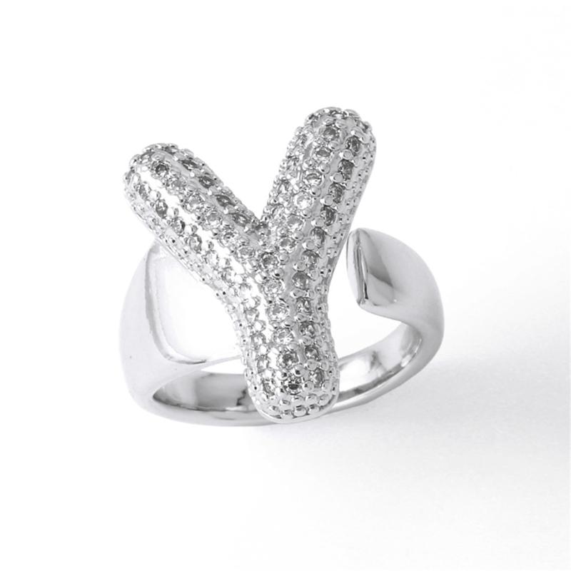 Letter Design Ring with Clear Stone Detail, Copper Base Fashion Jewelry for Daily Outfits, Party Styling and Gifts