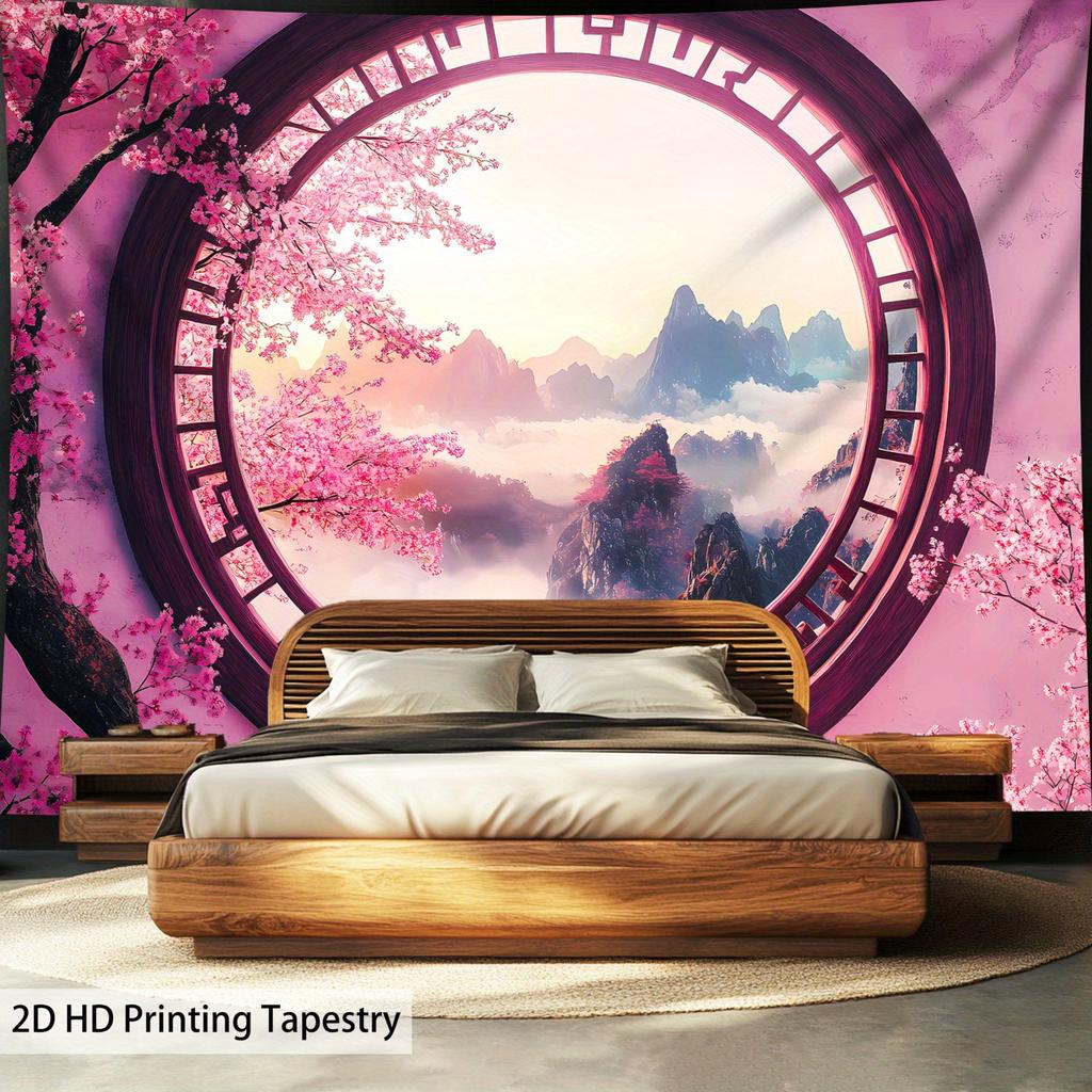 Cherry Blossom Mountain Scenery Digital Printing Polyester Wall Tapestry Suitable for Use In Living Rooms Offices Bars and Party