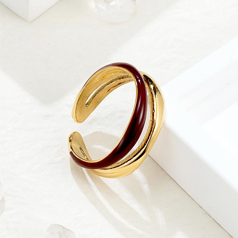 Ankara Red Oil Drop Double-layer Open Ring Female Niche Retro Stacked Ring Titanium Steel Plating