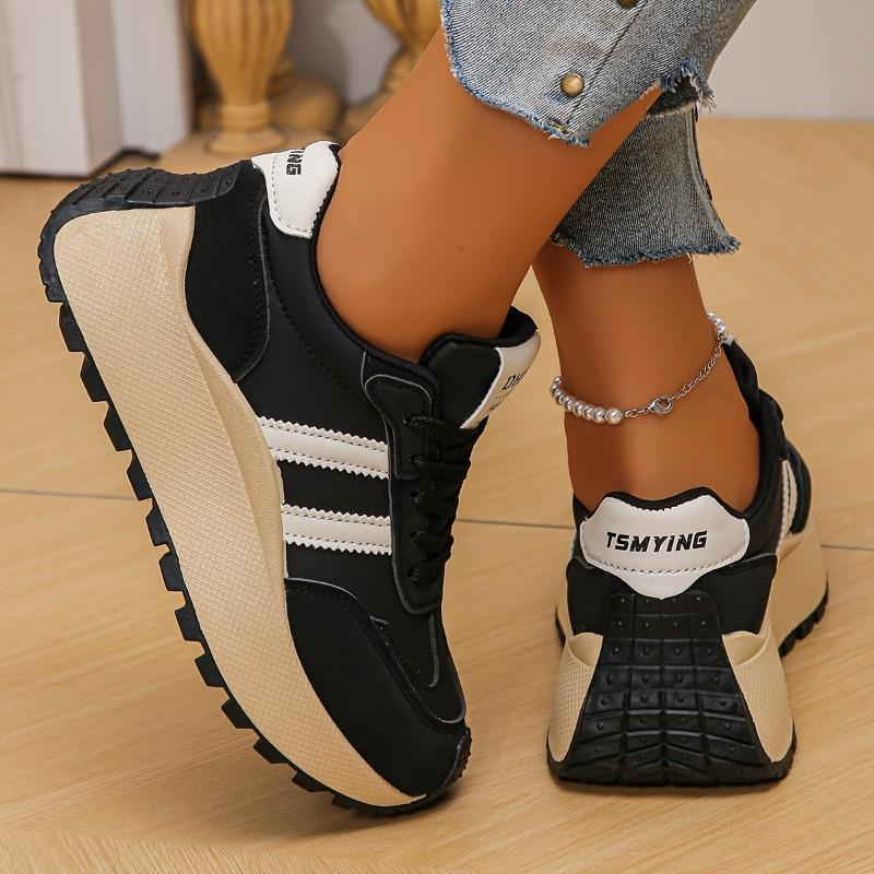 Women's Low-Top Sneakers - White & Beige Lace-Up Shoes, Synthetic Cover Upper, Cushioned Rubber Sole for Everyday & Formal Outfits - Fall Shoes