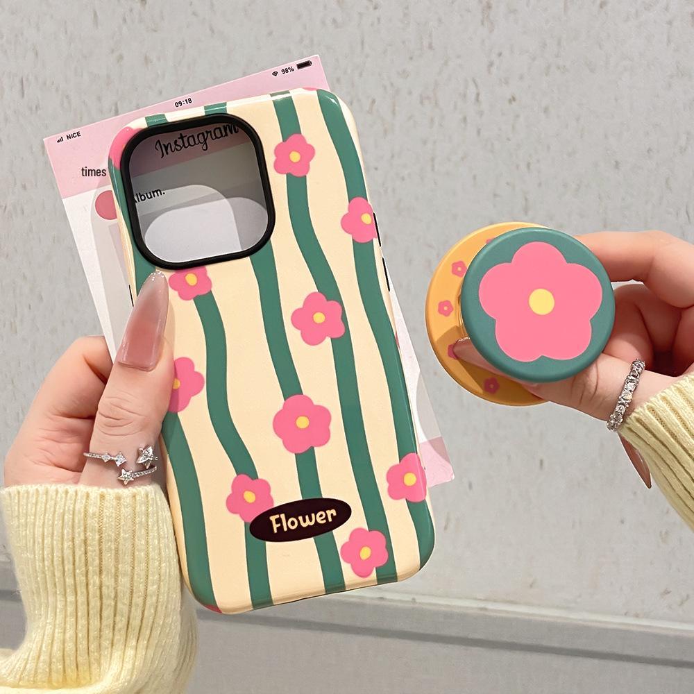 Magnetic Film 2-in-1 Apple 16 Pro Max Case: Pink Flower Stand, Drop-Proof, Korean Style, Fits iPhone 13-15.
