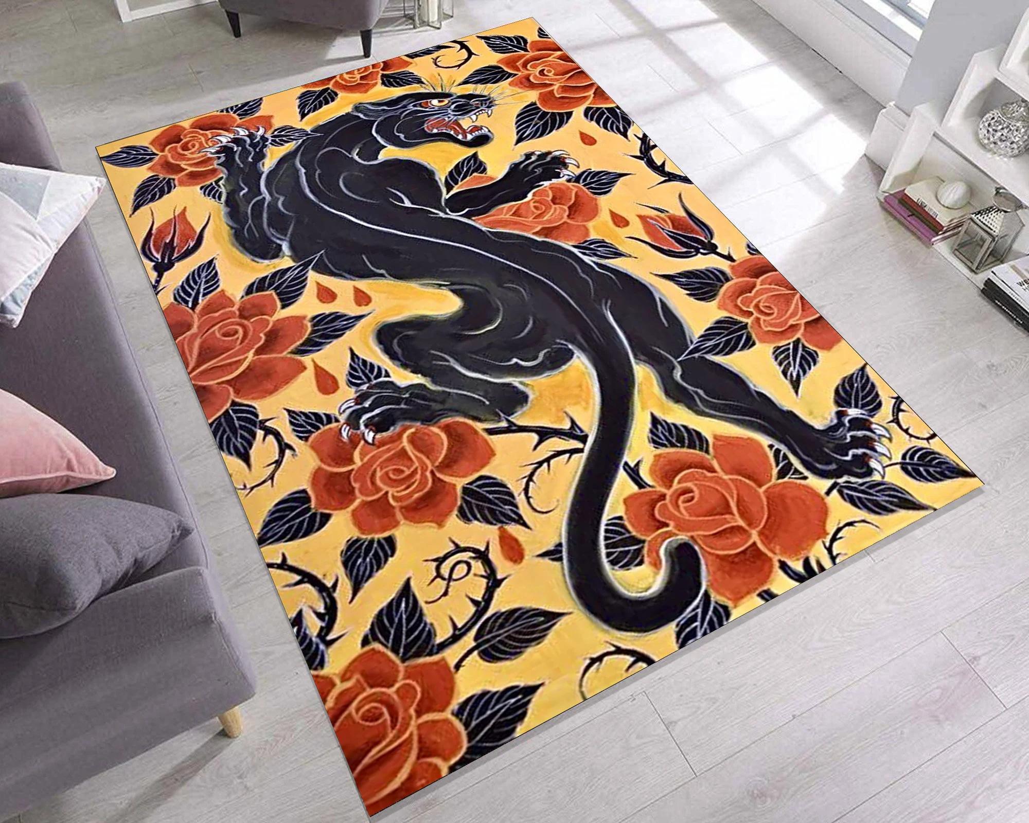 

Черный тибетский тигровый ковер на желтой основе с оранжевой розой на тему эклектичного животного, мифологического ковра, примитивной спальни, кухни, ковров 40X60cm-16x24in