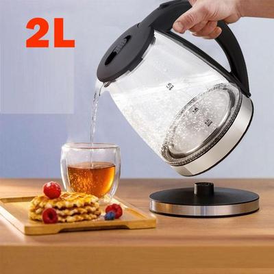 Electric Kettle 2L Large Capacity EU Plug Boiling Water Kettle 304 Stainless Steel Inner Liner Glass Kettle With Blue Light House Electric