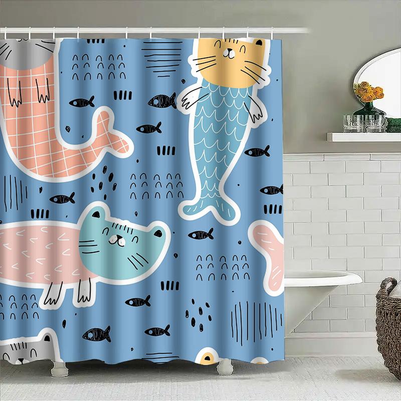 

Modern Cartoon Print Shower Curtain Waterproof Bath Decoration for Bathroom Decor, Blue Mermaid Cat Fish Pattern 90x180cm