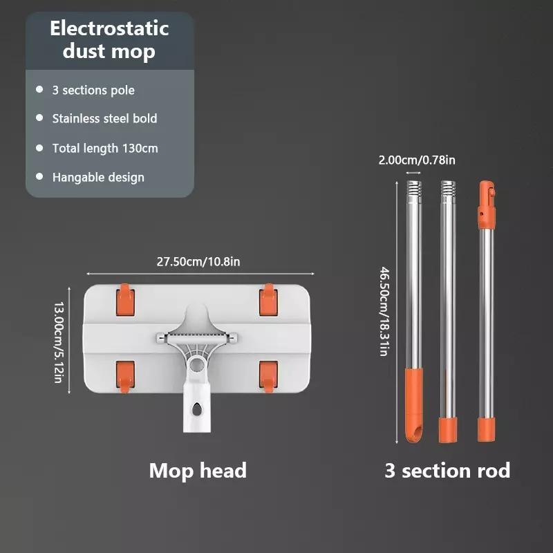 Швабра для пола Пылесборник 128,5 см Электростатическая швабра для сбора пыли Вращающаяся на 360° Ленивая плоская швабра оранжевый