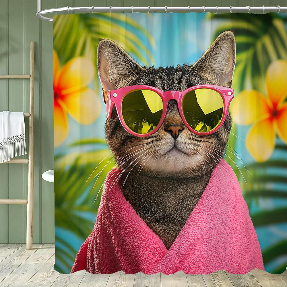 1 piece Cartoon Cat Shower Curtain, Cute Cat and Dog Bathroom Decorative Curtain, Home Printed Polyester Curtain with Hooks