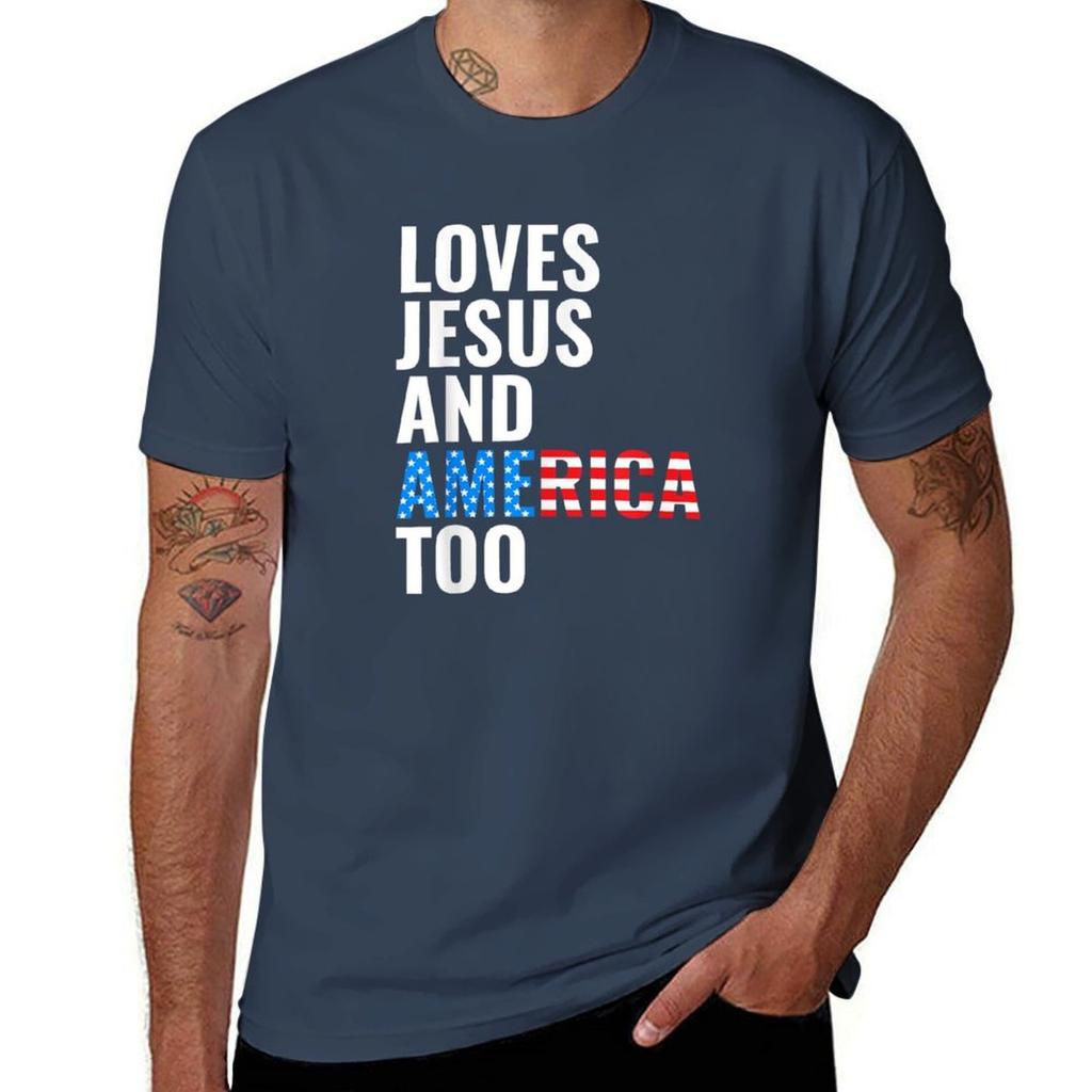 American Flag Loves Jesus And America Too Tshirt Work Outdoor Short Sleeve Tee Tshirt