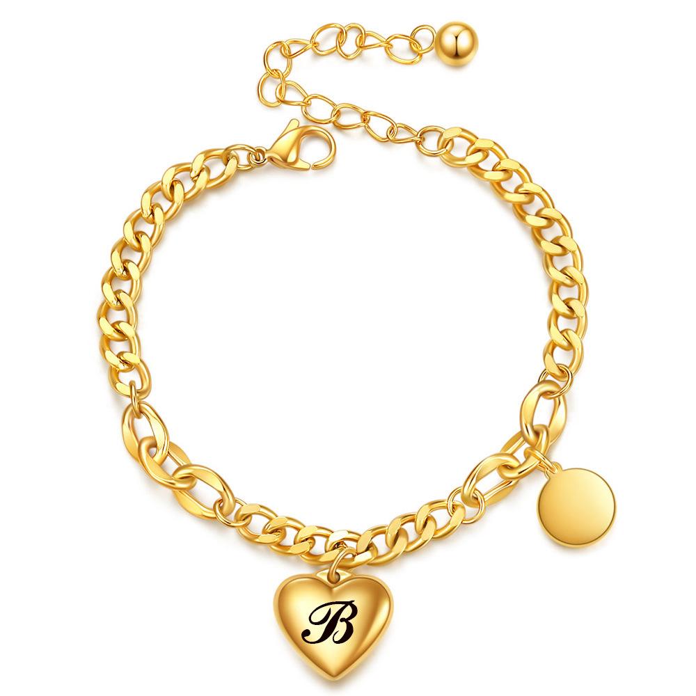 18K Gold-Finished Titanium Steel Cuban Chain Bracelet with Personalized Initial & Peach Heart Charm for Women