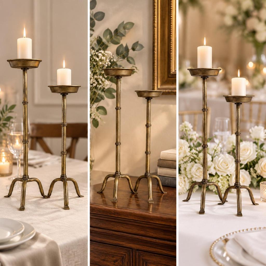 2 Pieces Iron Candlestick Holder Antique Bronze Finish Detachable Candle