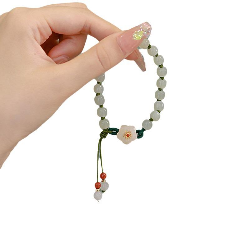 Jade Round Bead Peach Blossom Braided Bracelet for Women - Stylish Niche Design, Perfect Gift for Students and Girlfriends