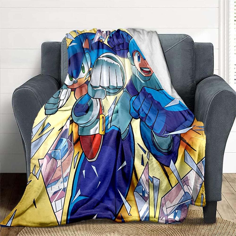 1pc Sonic Mega Man All-Season Comfort, Outdoor Flannel Blanket - Soft, Warm & Cozy for Naps, Camping & Travel 032