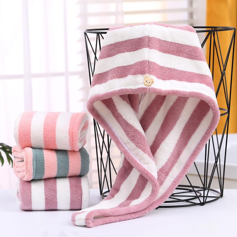 Wide Striped Coral Fleece Shower Cap, Girls Long Hair Quick-drying, Water-absorbing Dry Hair Towel, Soft Head Towel, Head Towel