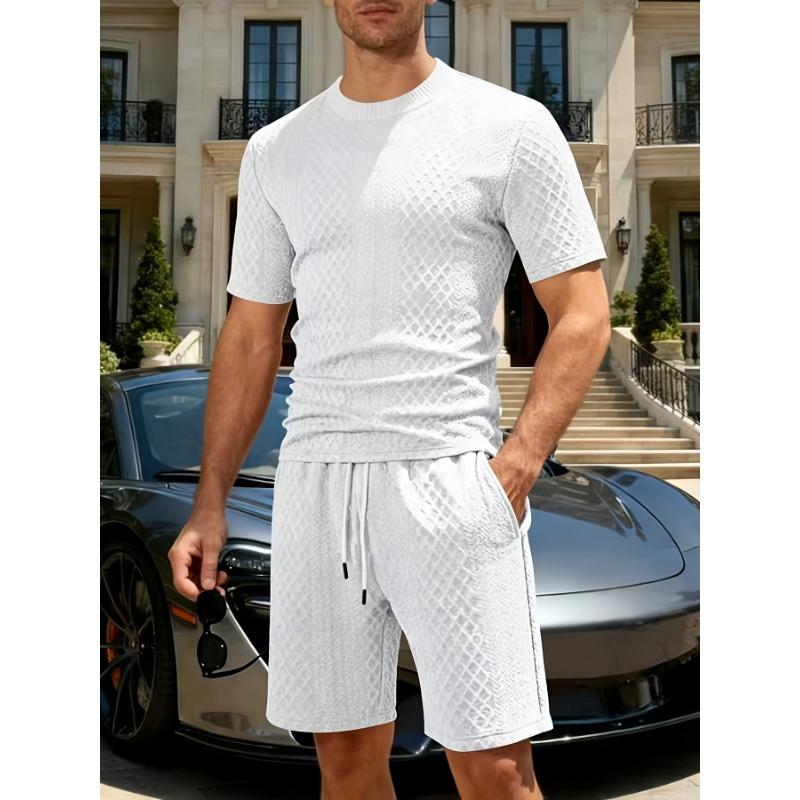 Mens Black Diamond Textured Short Sleeve T-Shirt and Casual Shorts Set