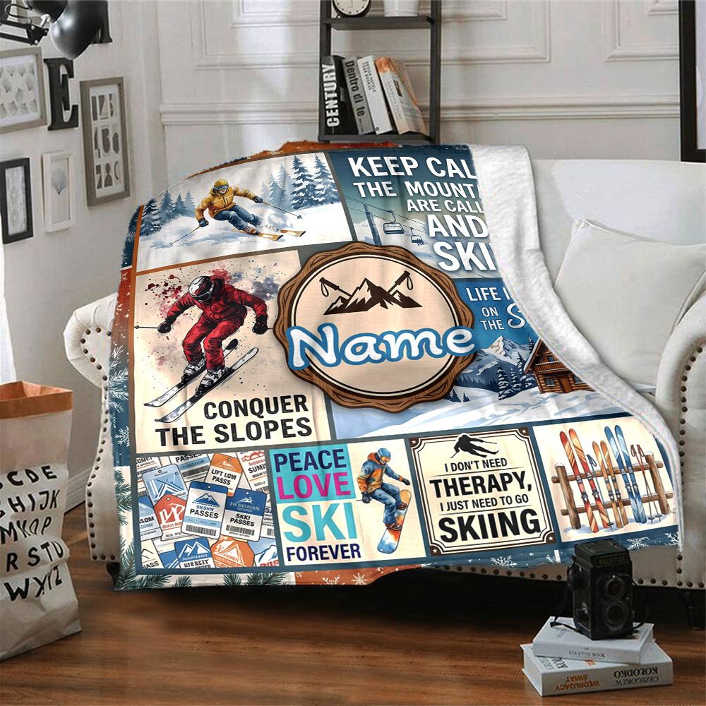 Keep Calm Skiing Theme Customize Your Name Home Blanket S Comfortable Soft Lightweight For All Seasons Use In Picnics Sofas Offices Beds Living Rooms