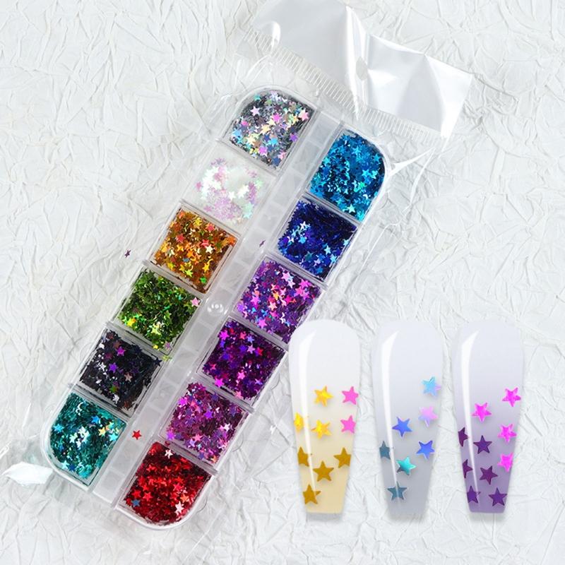 12Grid Five-pointed Star Sequins Size 3mm Mixed Nail Jewelry Resin Drop Glue Filled Sequins 3D Holographic Flake Sequins