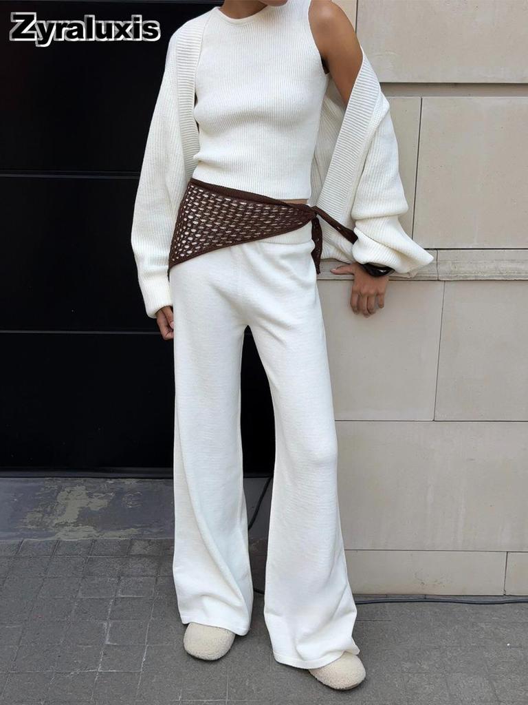 Three-piece Set, Autumn, Knitted Sweater with Loop Neck Camisole High-waisted Wide Leg Pants Suit