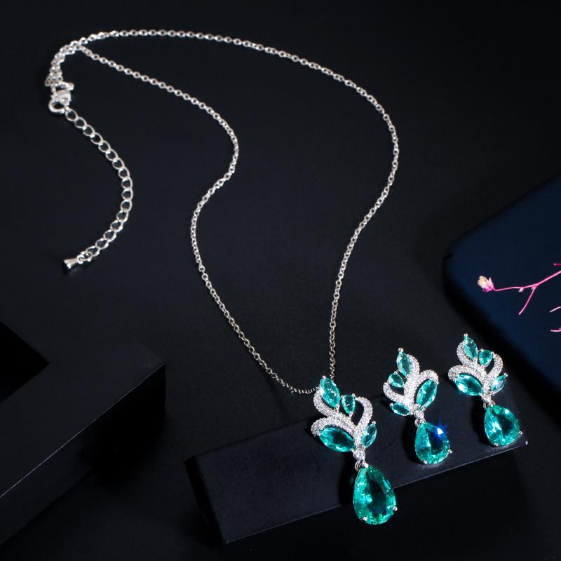 Chic Bright Blue Waterdrop CZ Cubic Zircon Crystal Leaf Pendant Necklace and Earrings Ladies Jewelry Set Fashion Korean Style