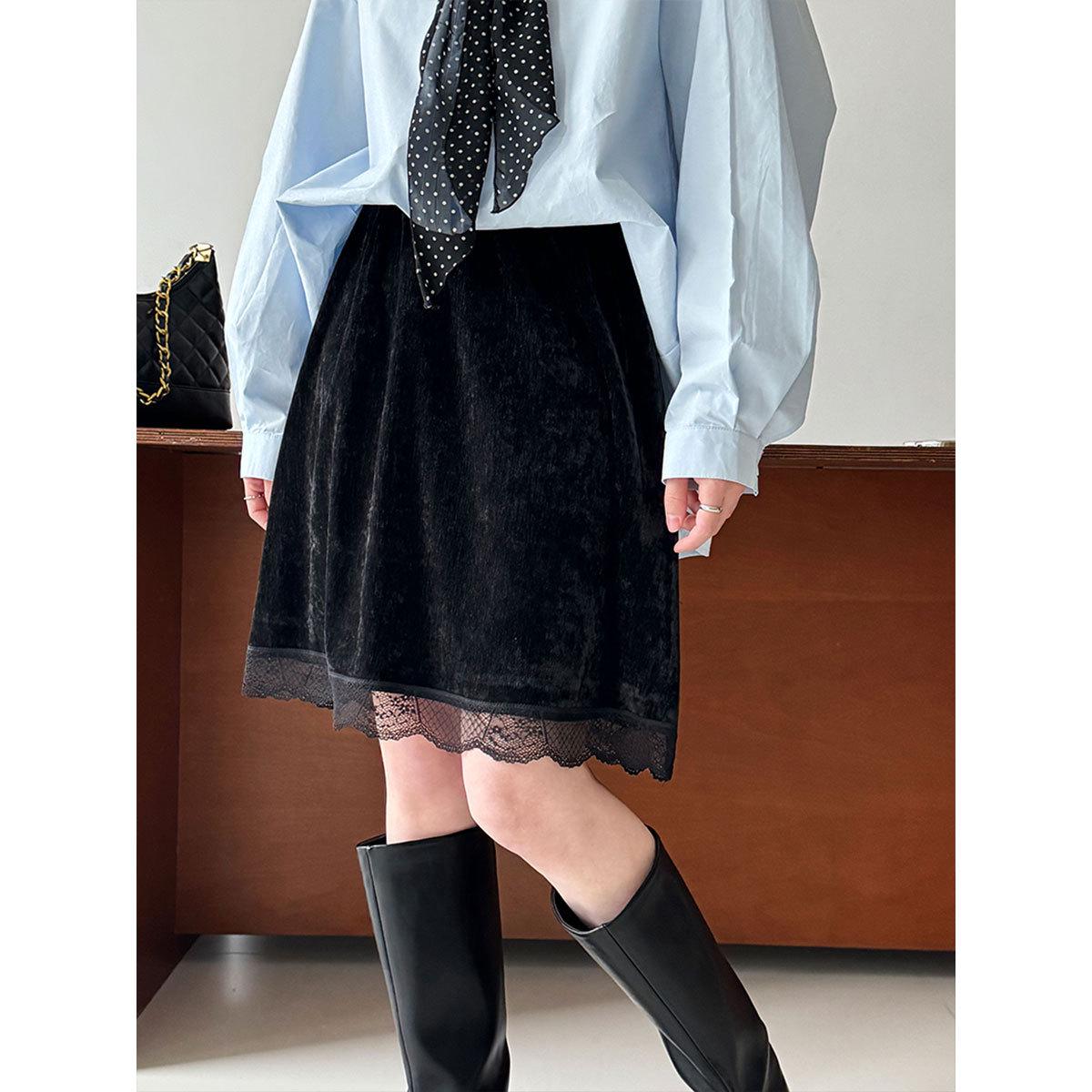 Lu Xi Women s Retro Korean Velvet Lace Patchwork A-line Skirt - Winter Slimming Elastic Design M