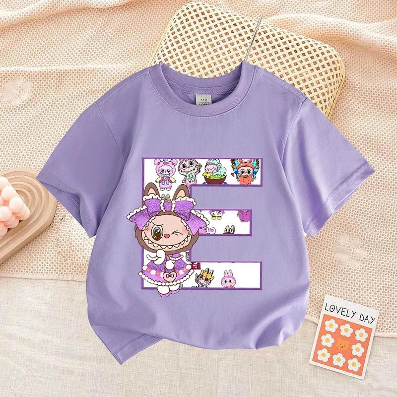 Cartoon Monster Elf Labubu Kids Adult Letter Printed T-shirt Summer Casual Women's Tees Top Girl and Boy Short Sleeve Clothing