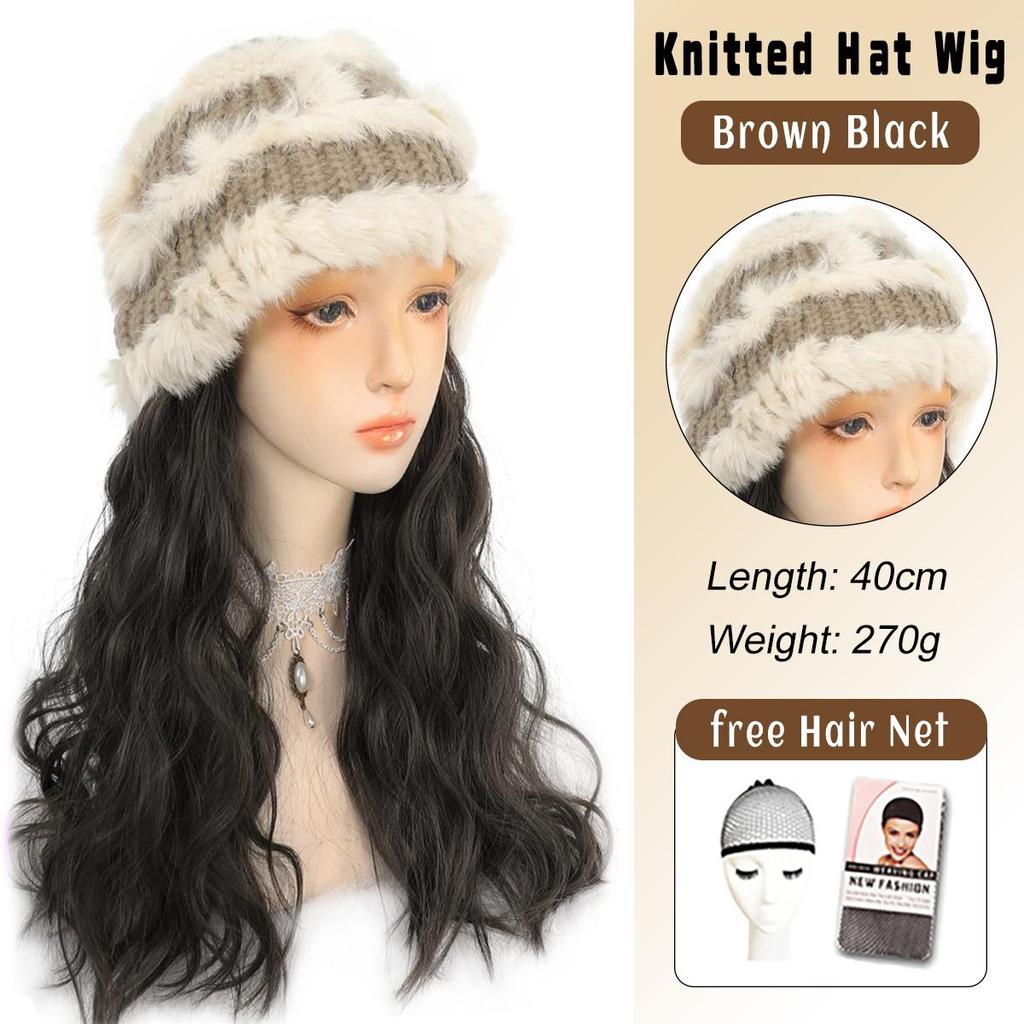 Synthetische Hutperücke für Frauen, langes gewelltes Haar, warm, weich, gestrickt, Herbst- und Wintermütze, hitzebeständig