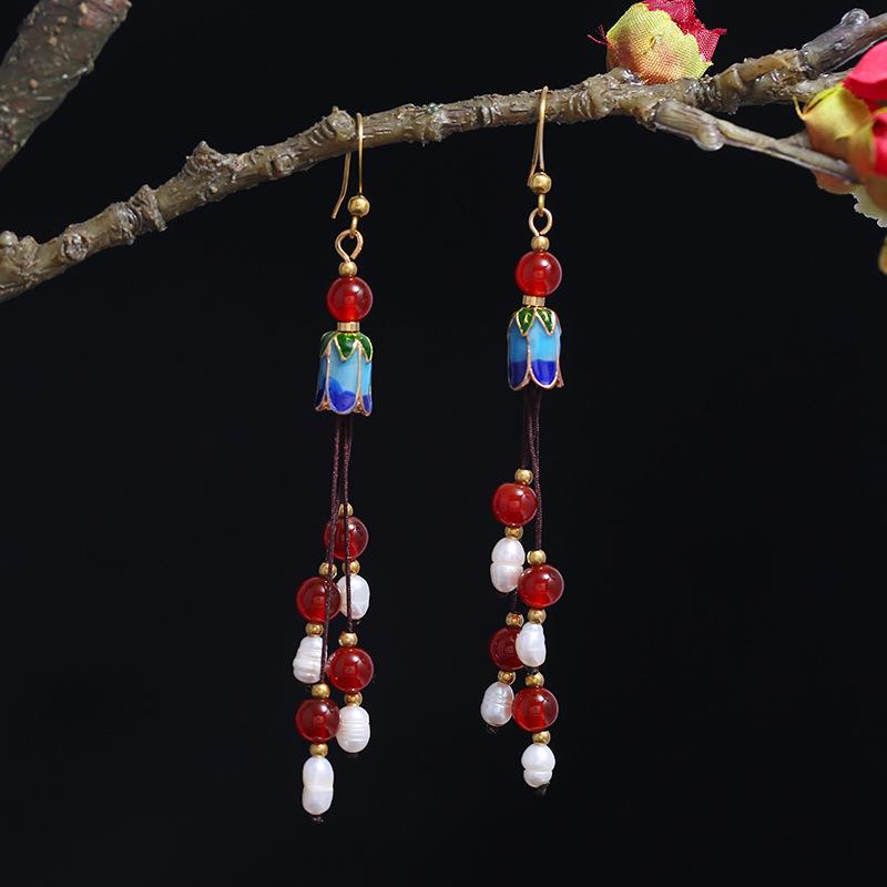 

Оригинальные ретро серьги из агатовой ракушки ручной работы с бахромой, длинные, женственные, придворные, антикварные