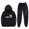 Mens Hooded Casual Sportswear Set With Anime Print Cotton Blend Long Sleeve Top Pants Winter Warm Outfit