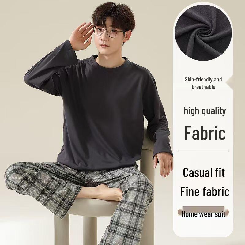 Herren Antibakterieller Langarm Pyjama Set - Rundhals, Lässig, Zweiteilig, für Frühling/Herbst/Winter.