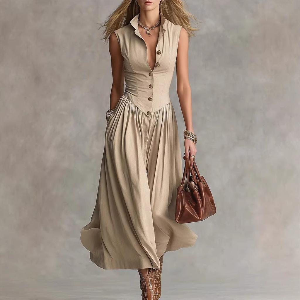 Women's Casual Fashion Lapel Long Sleeveless Dress