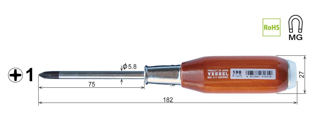 VESSEL Penetrating Screwdriver with Wooden Handle x 75 100 Heavy-Duty +1