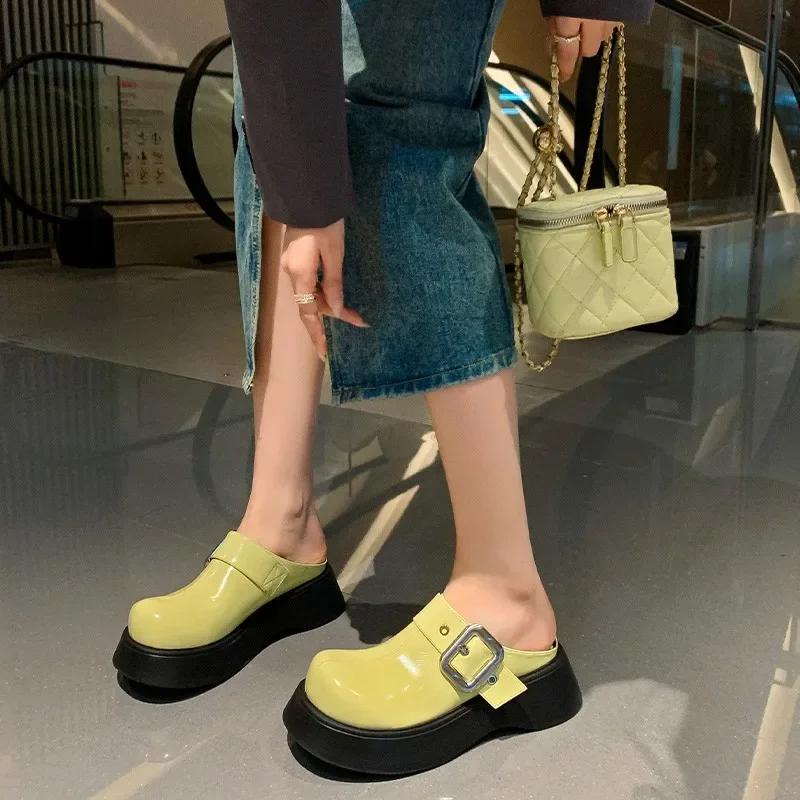 Platform Slipper Women Shoes 2024 New Wear Muller-Boken Bun Head Half Drag French Head Flip-flops Slides Women  Zapatos De Mujer