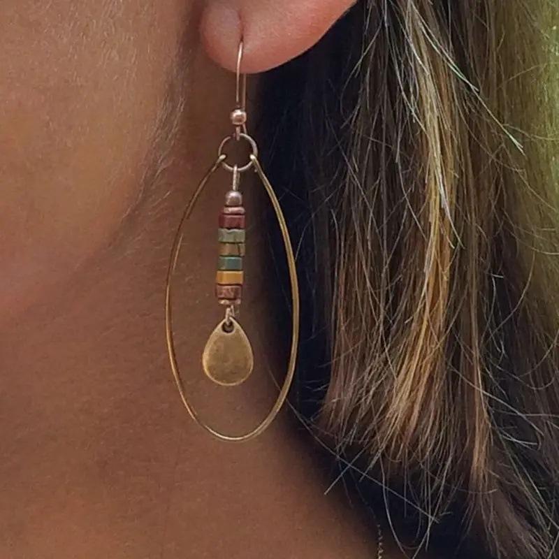 Huajie Boho Ethnic Style Oval Round Shape Pendant Earrings for Women Natural Stones Retro Fashion Ear