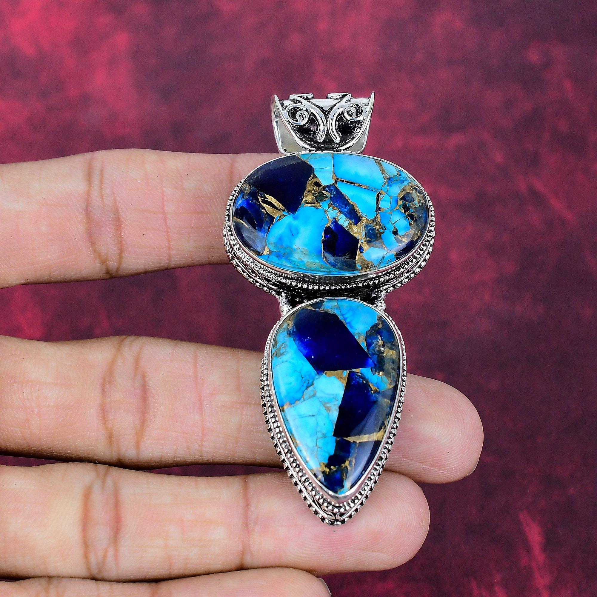 

Медный Лазурит Бирюза Кулон с драгоценным камнем ручной работы, Кулон из стерлингового серебра 925 пробы, Антикварное украшение, Подарок Любовь навсегда 2.75 Inches