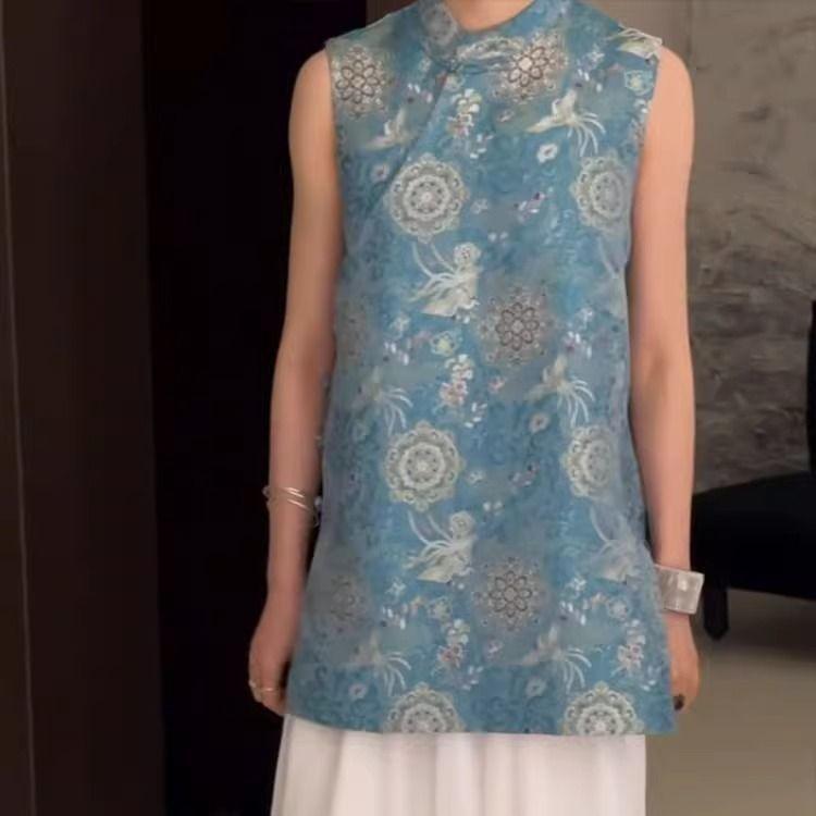 

2025 лето новый синий верхняя одежда косая планка с принтом жилет высококлассный роскошный тонкая рубашка M [Recommended within 50kg]