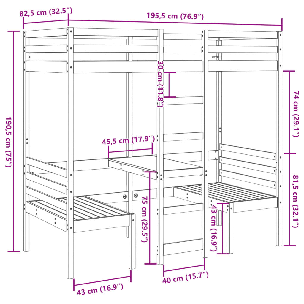 High Bed with Desk and Chairs White 75 X 190 Cm Pine Wood