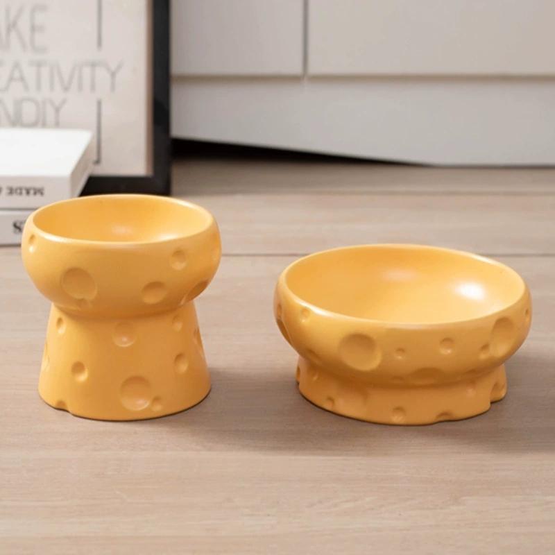 Cute Cheese Ceramic Elevated Pet Bowl Set 3Pcs, Cat Dog Food Water Bowl with Non-slip Mat