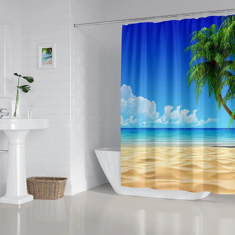 2022 New Shower Curtain Starfish Beach Pattern Bathroom Partition Waterproof  Coconut Sea View Polyester
