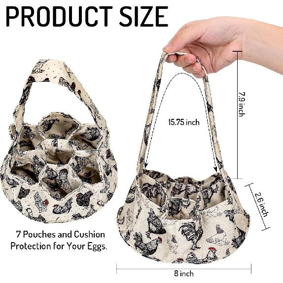 2Pcs Egg Bags with 7 Pouches Egg Collecting Basket Canvas Egg Gathering Bags for Farmhouse Garden Coop Hen Chicken Duck Goose Egg Storage, 8 x 2.6