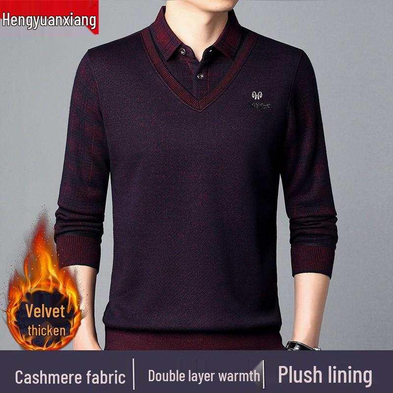 Hengyuanxiang Men's Pure Cashmere Two-Piece Look Thickened Winter Sweater