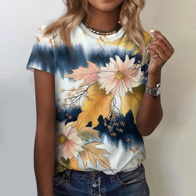 

Жіноча футболка з круглим вирізом і короткими рукавами, модна футболка з квітковим принтом, повсякденний топ, топ з короткими рукавами до плечей S