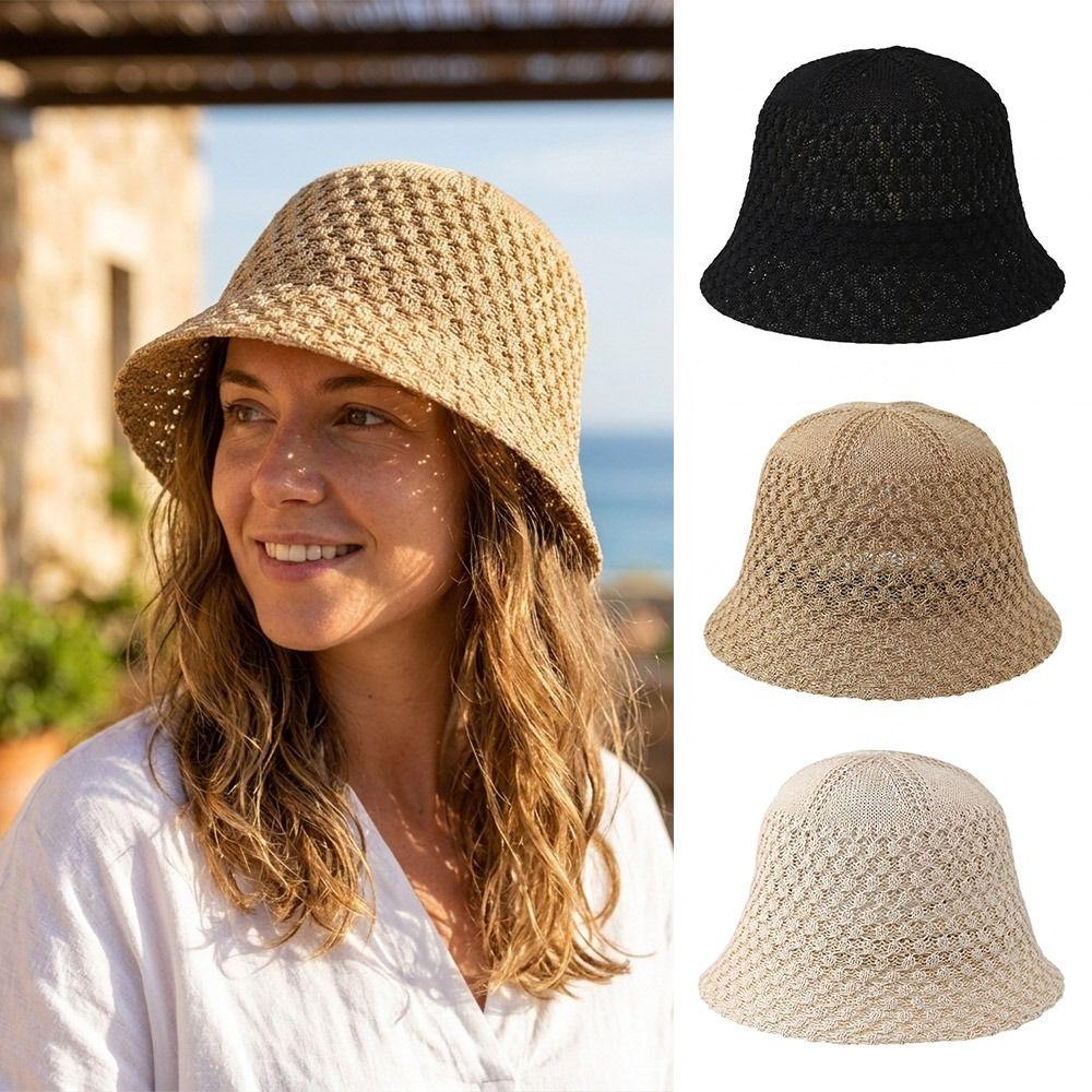 New Straw Weave Fisherman Cap Hollow Out Floppy Wide Brim Bucket Hat Foldable Breathable Sunshade Sun Hat Female