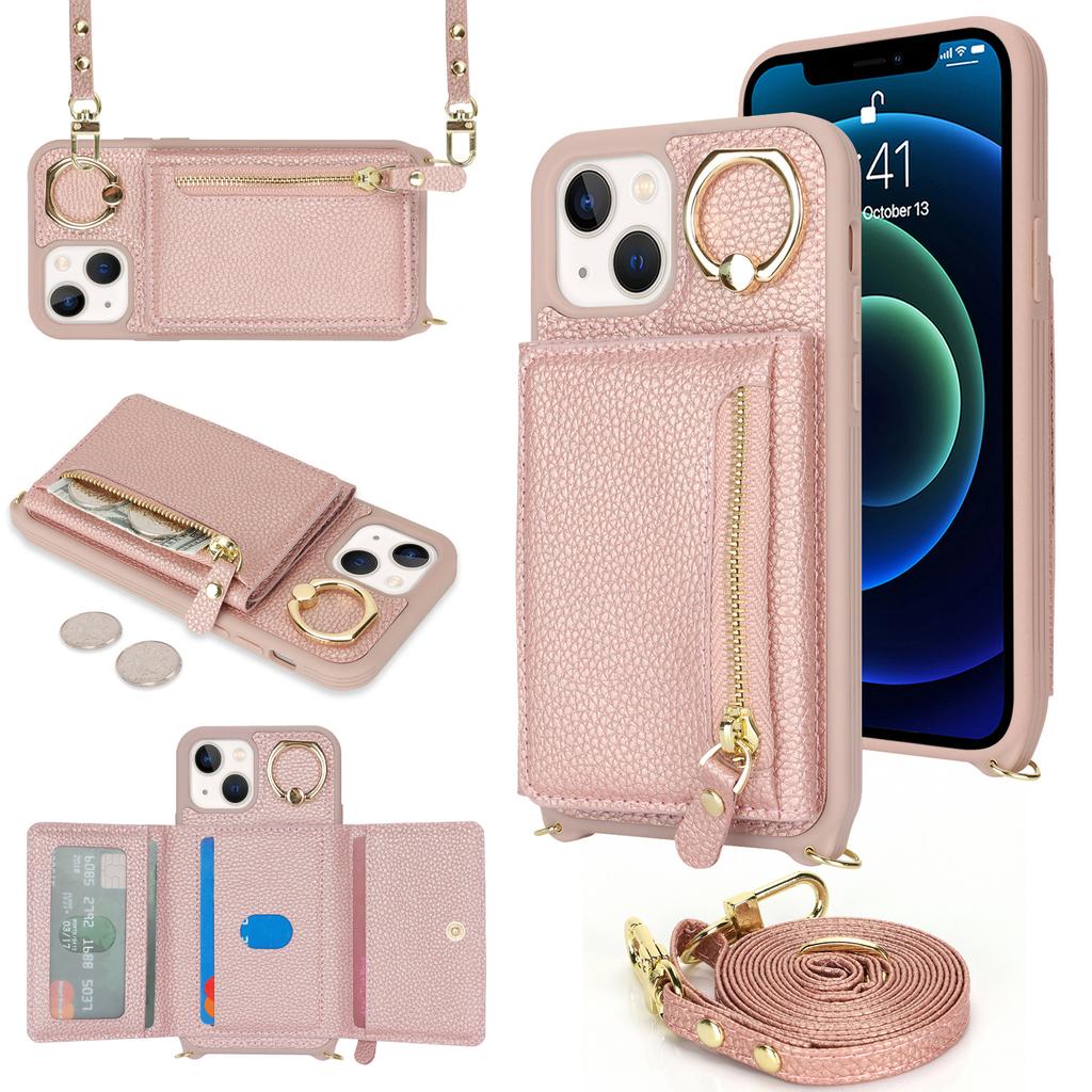 For iPhone 13 Mini Case Card Bag Zipper Pocket Leather+TPU Ring Holder Phone Cover with Long Strap